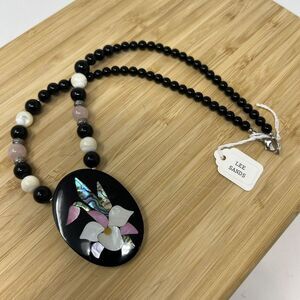Lee‎ Sands Black Onyx, Rose Quartz, Beads Flower Inlay Pendant Necklace